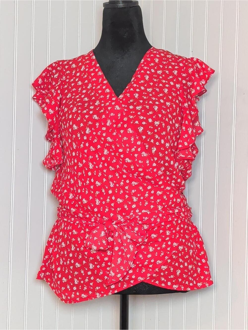 Max Studio Red Floral Ruffle Sleeve Blouse Size L